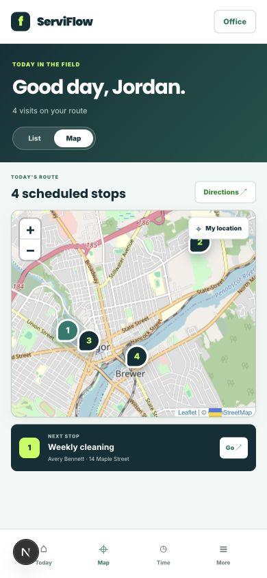 ServiFlow mobile field route with a live map and scheduled stops